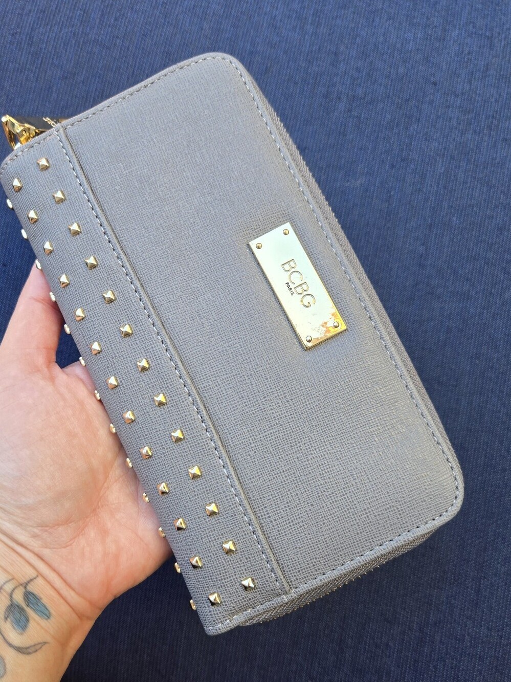 Bcbg Paris Gray Leather Zip Around Studded Wallet
